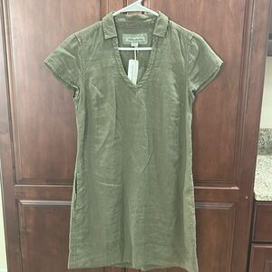 Olive Green 100% Linen Dress with Pockets